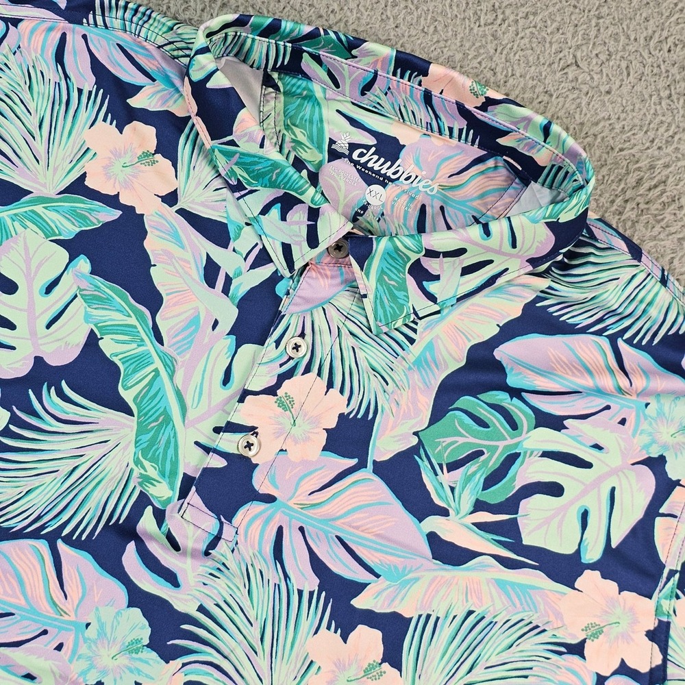 Chubbies Polo Shirt Mens 2XL Blue Tropical Floral Golf Stretch Hawaiian